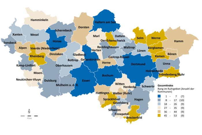 Karten von Gesamtindex im Ruhrgebiet auf Kommunalebene - Kategorien nach Rängen