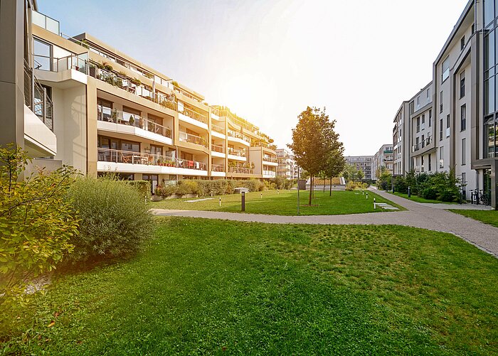 Grüner Garten zwischen verschiedenen Mehrfamilienhäusern