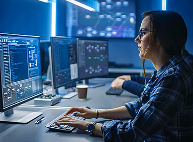 Digitales Büro mit Frau am Computer