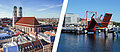 Skyline der Stadt München mit Blick auf Frauenkirche auf der linken Seite, Skyline der Stadt Kiel mit Blick auf eine hochgeklappte Brücke auf der rechten Seite